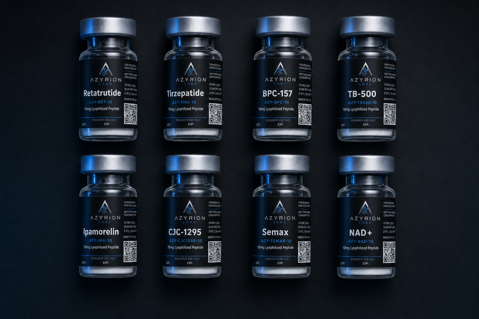 Azyrion Labs premium research peptide vials flat lay