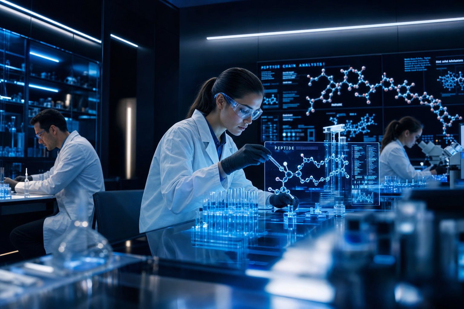 Azyrion Labs research scientists working with advanced laboratory equipment and molecular analysis displays