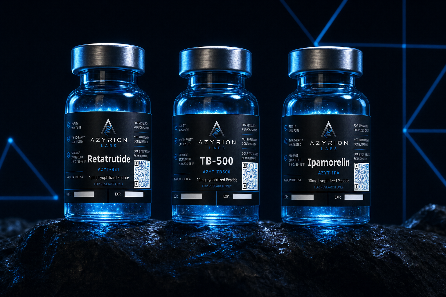 Azyrion Labs premium peptide research vials — Retatrutide, TB-500, Ipamorelin — with authentic Azyrion lab labels on dark surface