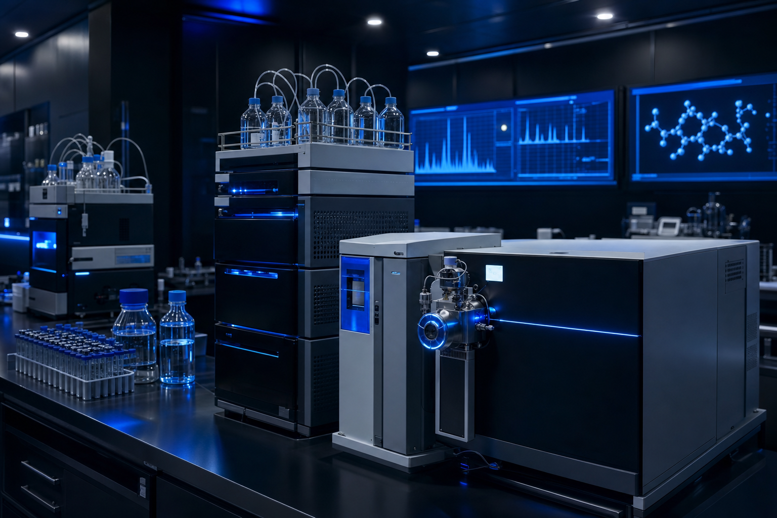 Advanced HPLC and mass spectrometry analytical equipment in Azyrion Labs testing facility