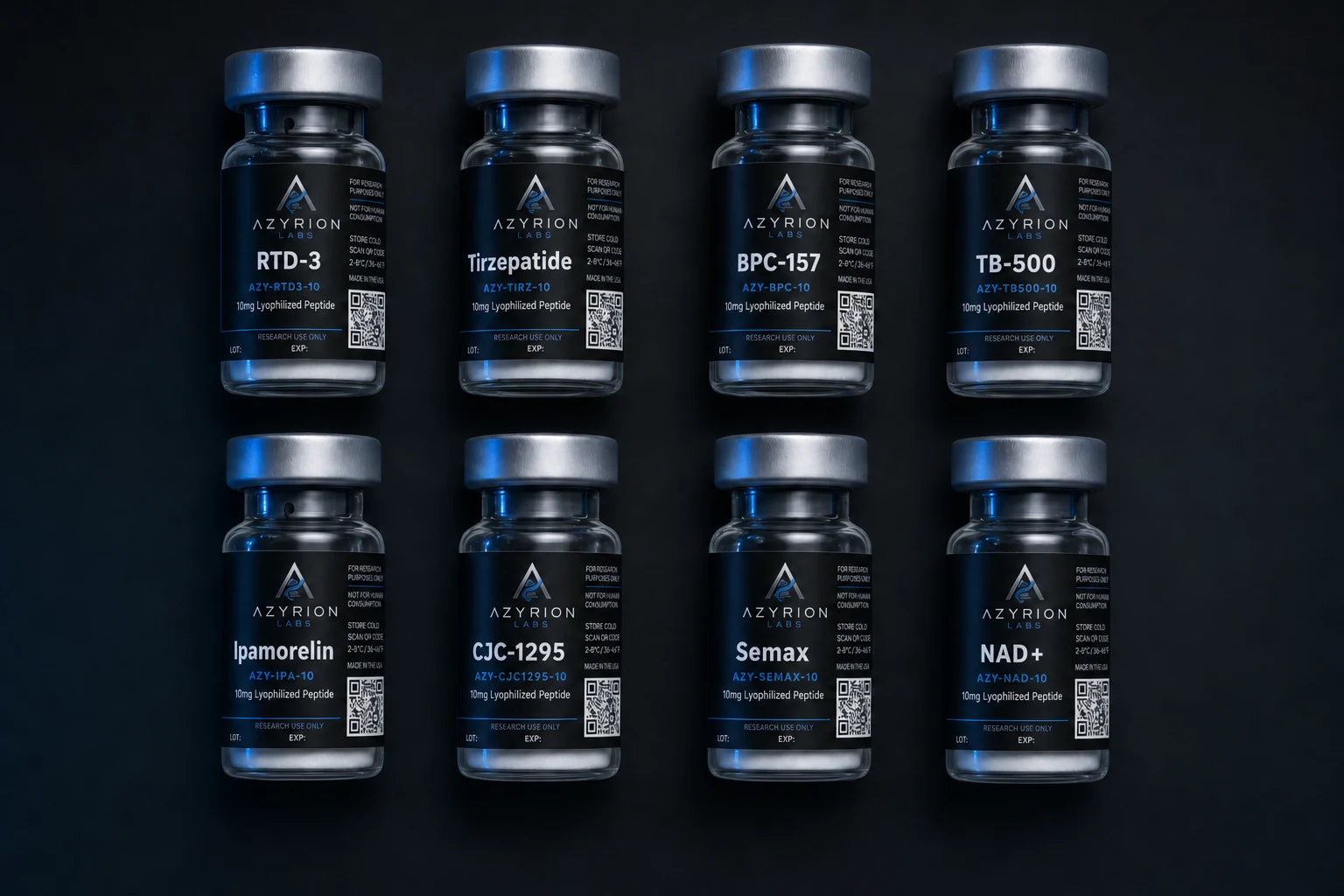 Azyrion Labs premium research peptide vials flat lay